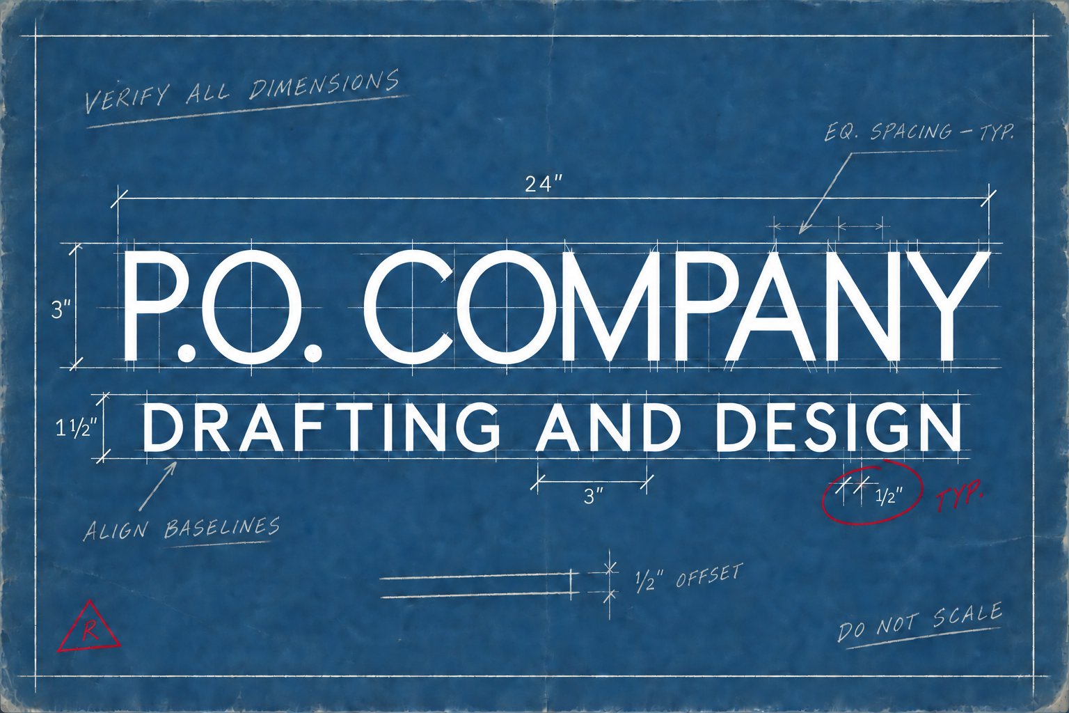 P.O. Company Drafting and Design — bold white lettering on aged blueprint paper, surrounded by handwritten drafting notes and red-pencil marks